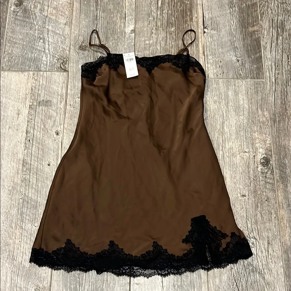 Abercrombie & Fitch Dark Brown Satin Black Lace Trim Slip Mini Dress NWT - Picture 3 of 12